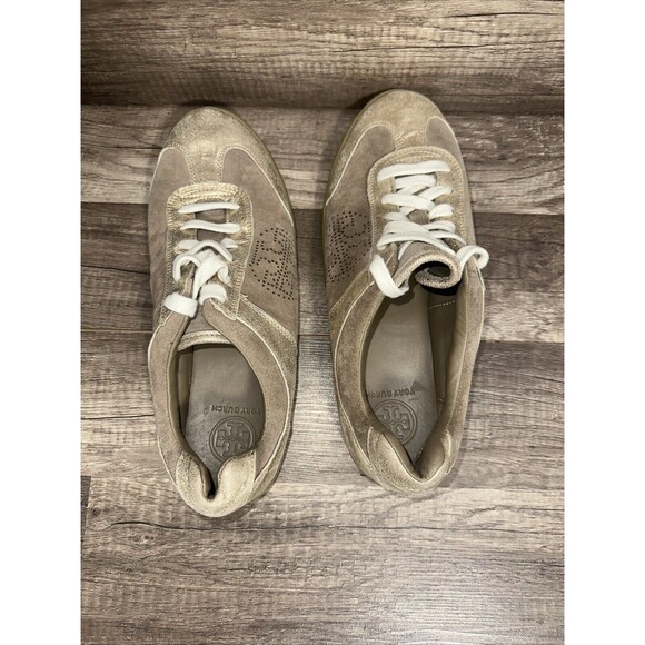 Tory Burch Mitch Beige Gold Suede Metallic Leather Sneaker Women's Sz 11 M - Picture 8 of 15